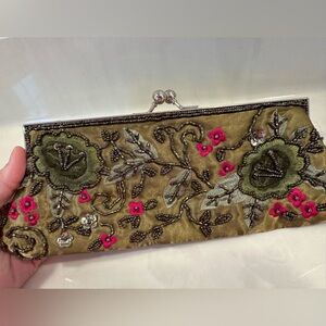 Olive green & pink floral beaded clutch with detachable beaded strap